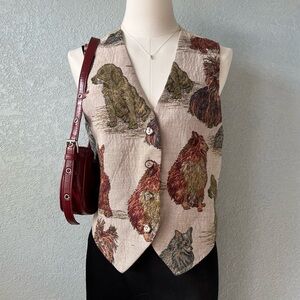 Vintage 80-90’s Tapestry Dog Print Vest Button Front Cotten Blend Lining Size M